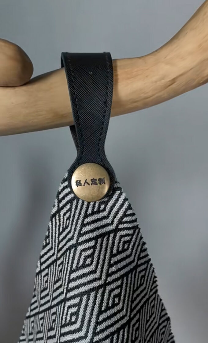 Fabric Hanger Hook with Leather Strap & Custom Metal Snap Button - Clothing Sample Display Hook for Textile Factory