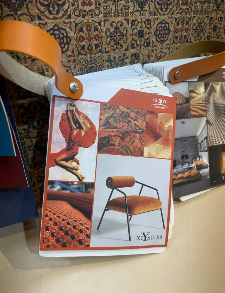 Custom fabric sample presentation kit with printed design visuals