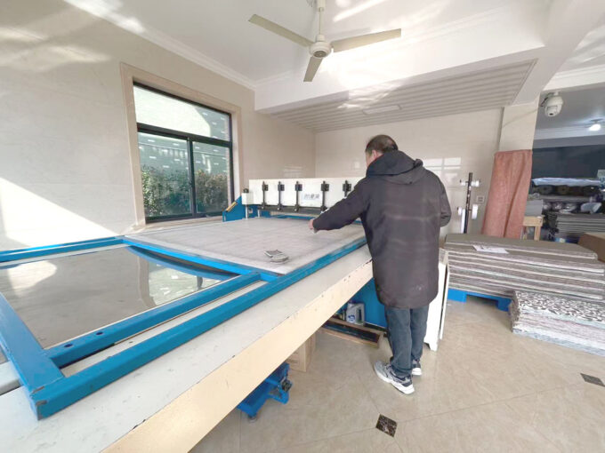 Cutting and shaping process in our textile display production facility