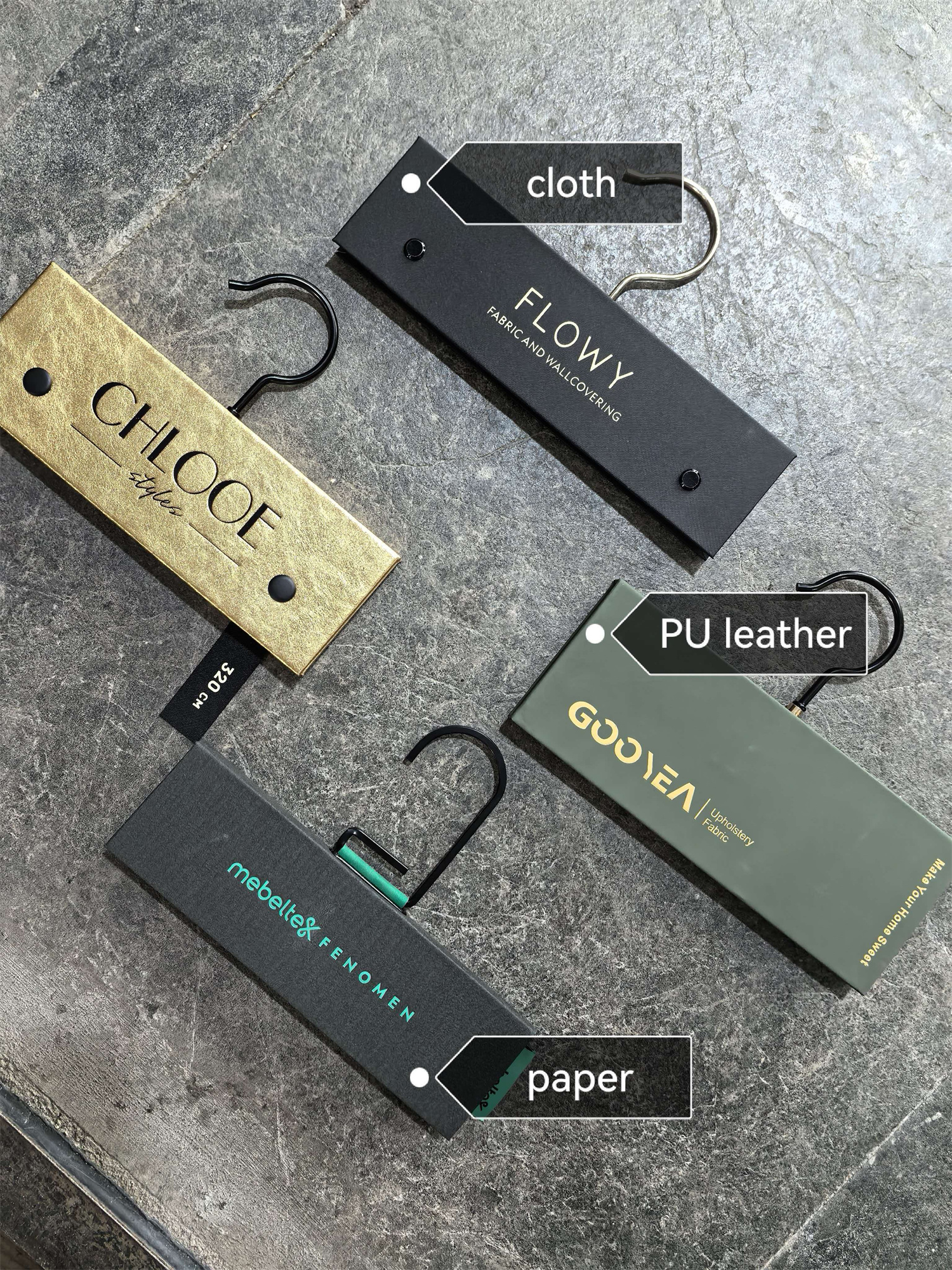 ## Fabric Swatch Hook Material Options | Cloth, PU Leather & Paper Covered Sample Hangers | Swatch-Haken
